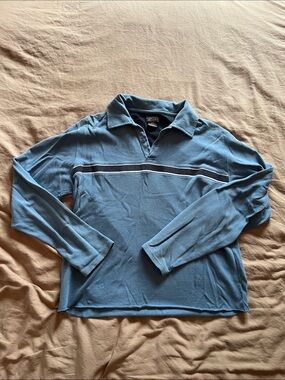 Men's Long-Sleeve Polo with Chest Stripe in Dusty Blue